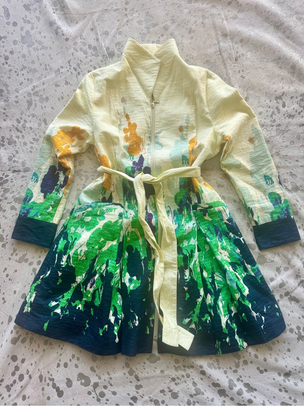 Samuel Dong Abstract Floral Print Belted Coat - Cream & Green Size Small